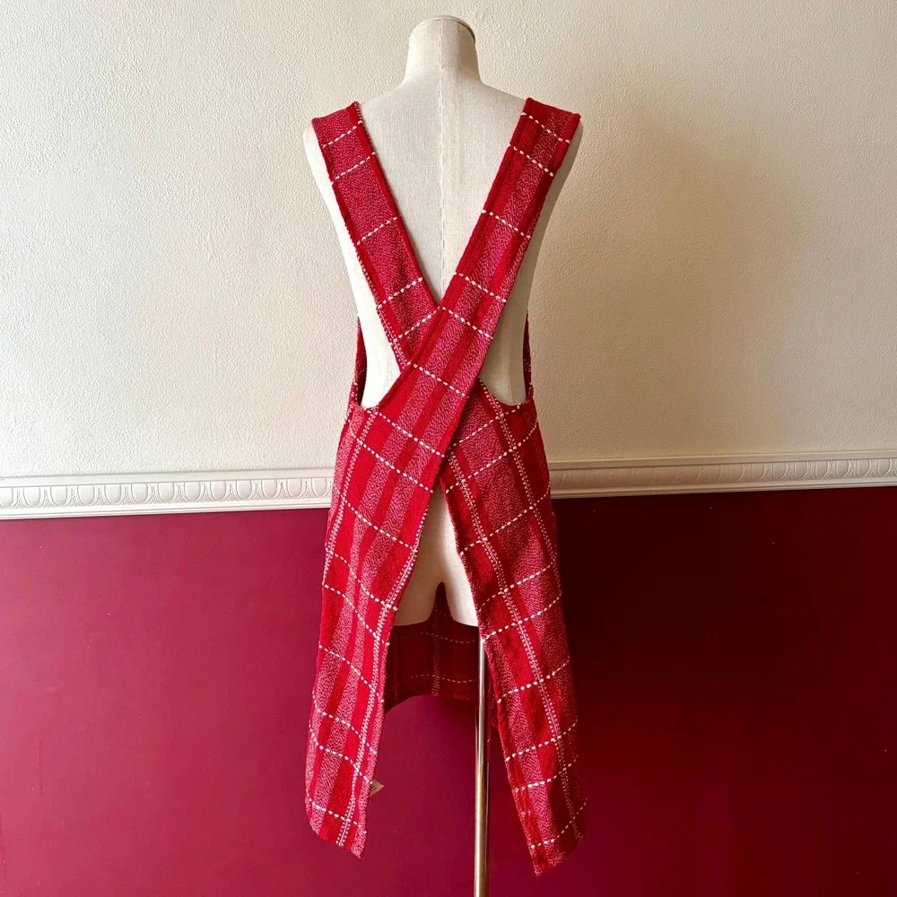 Sur La Table Red Plaid Cross Back Pinafore Apron Smock Pockets 39